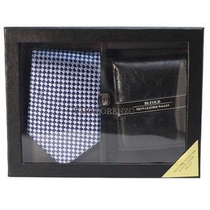 Traditional blue and black woven tie and bi-fold black leather wallet